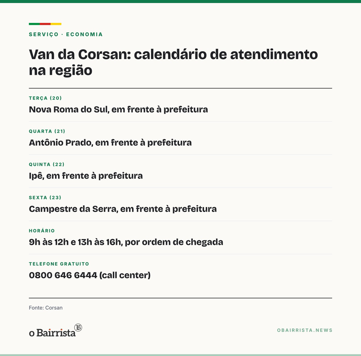 Quadro: Van da Corsan atende em Nova Roma do Sul nesta terça e segue por mais três cidades