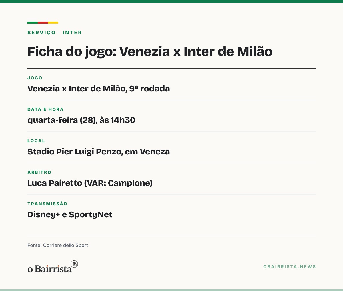Quadro: Venezia x Inter de Milão sai às 14h30 desta quarta; Disney+ e SportyNet exibem
