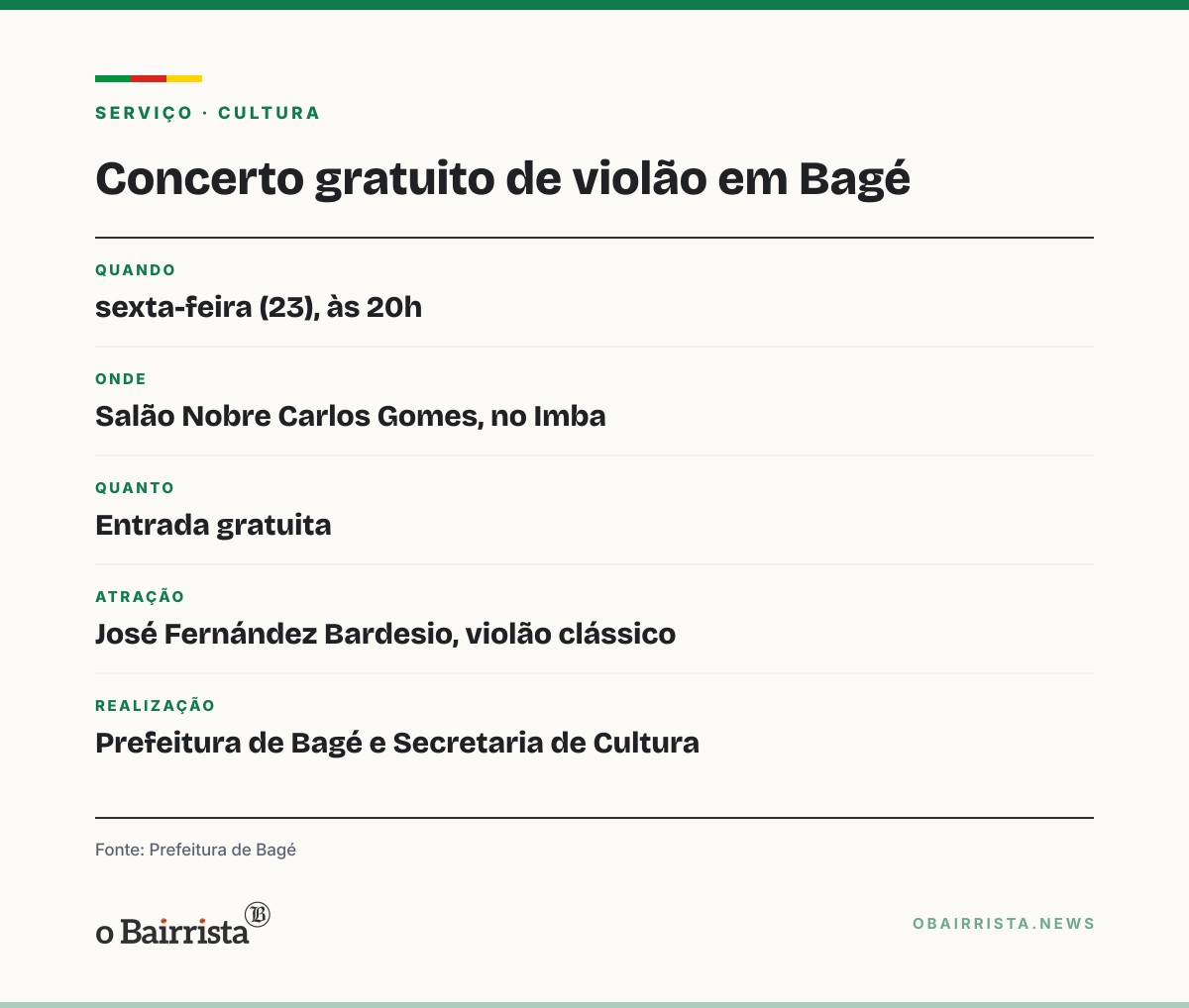 Quadro: Violonista uruguaio José Fernández Bardesio toca de graça em Bagé nesta sexta (23)