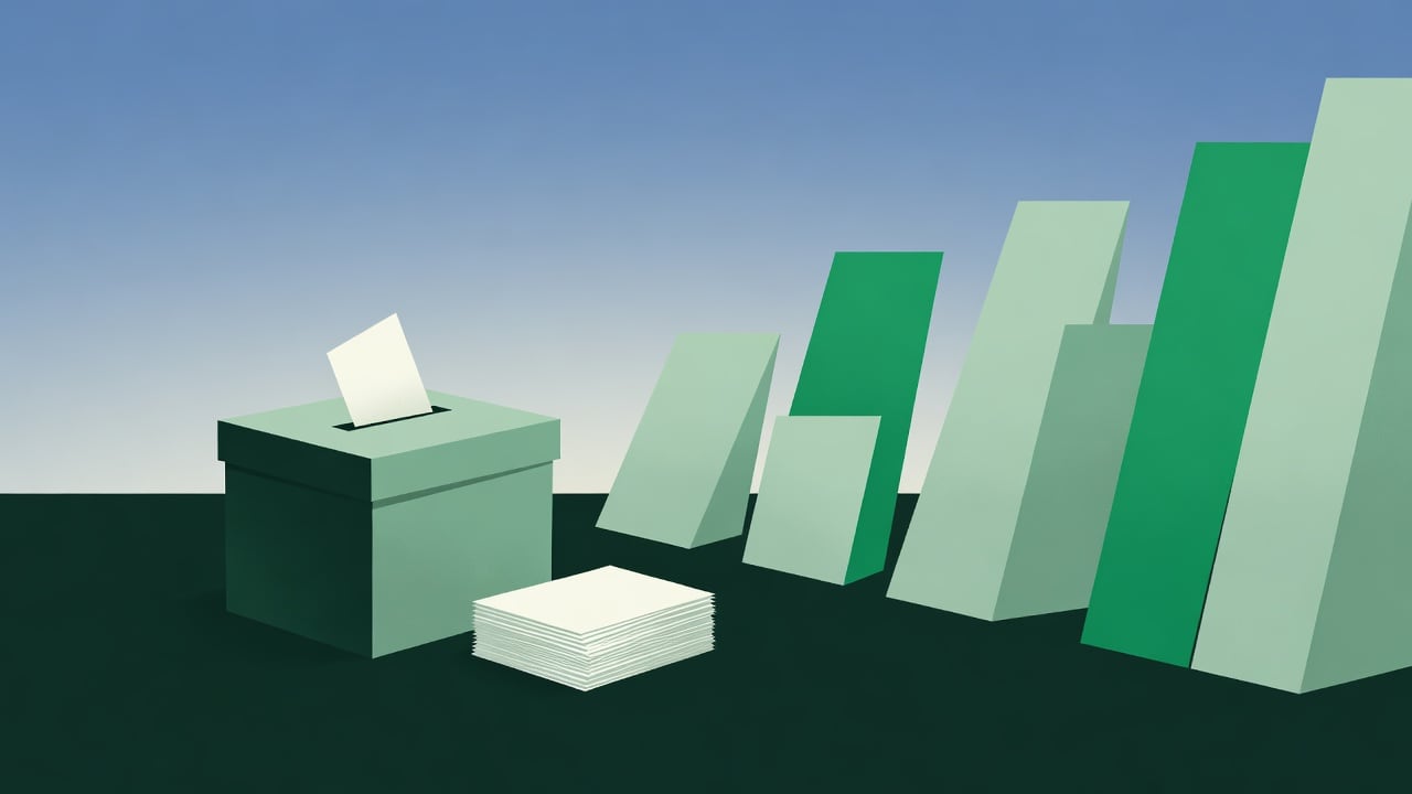 Ilustração do Bairrista sobre: Symbolic, non-literal editorial illustration (no reenactment of the event, no people): A symbolic election scene: a simple wooden ballot box
