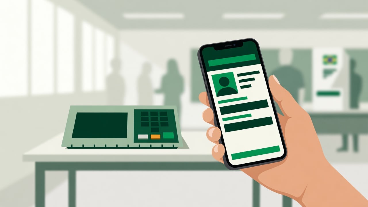 Ilustração do Bairrista sobre: Close-up of a hand holding a smartphone showing a digital voter ID app, in front of an electronic voting machine inside a bright Brazilian p