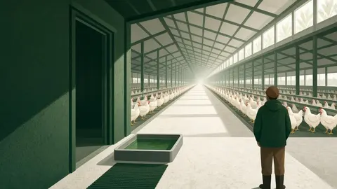 Ilustração: Interior de granja moderna, com fileiras de frangos atrás de uma entrada com tapete sanitizante.
