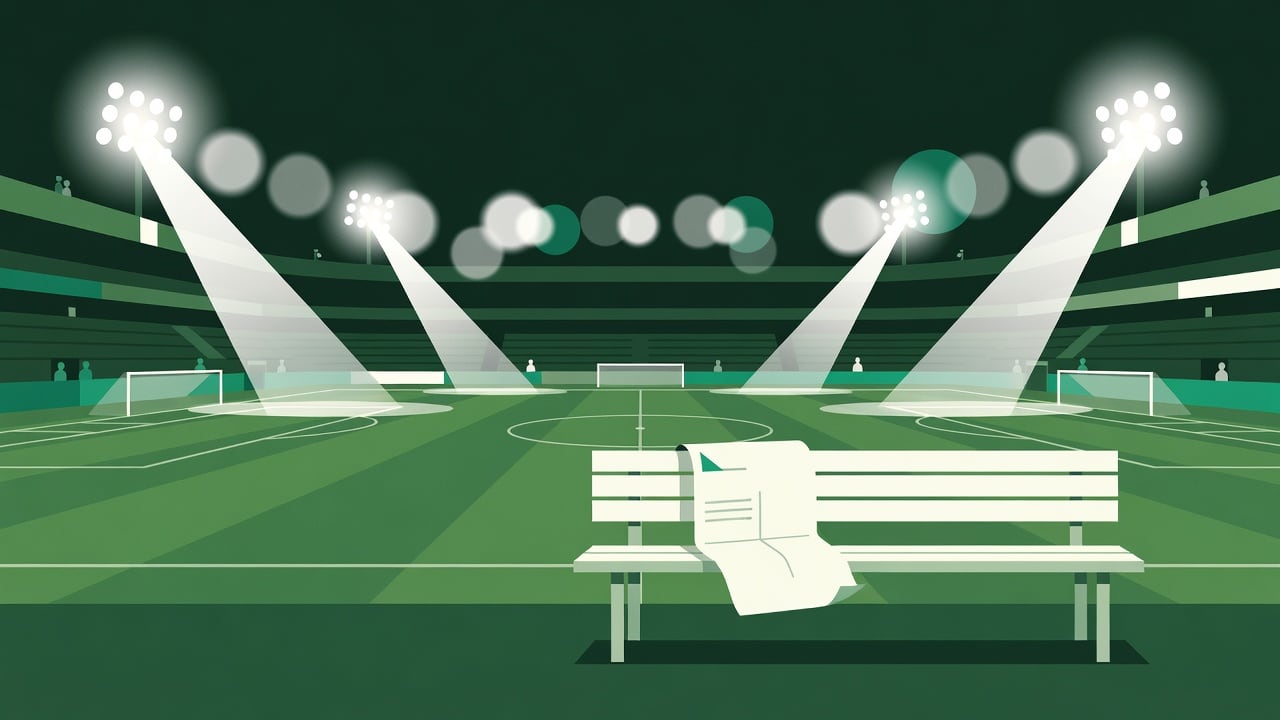 Ilustração do Bairrista sobre: Symbolic, non-literal editorial illustration (no reenactment of the event, no people): A stadium at night under bright floodlights with blur
