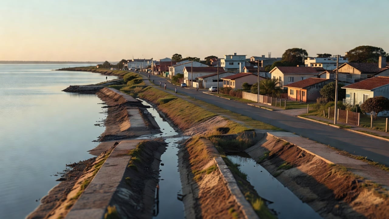Ilustração do Bairrista sobre: Aerial view of a coastal city waterfront at golden hour, with a low concrete embankment, drainage channels and earthen dikes running along c