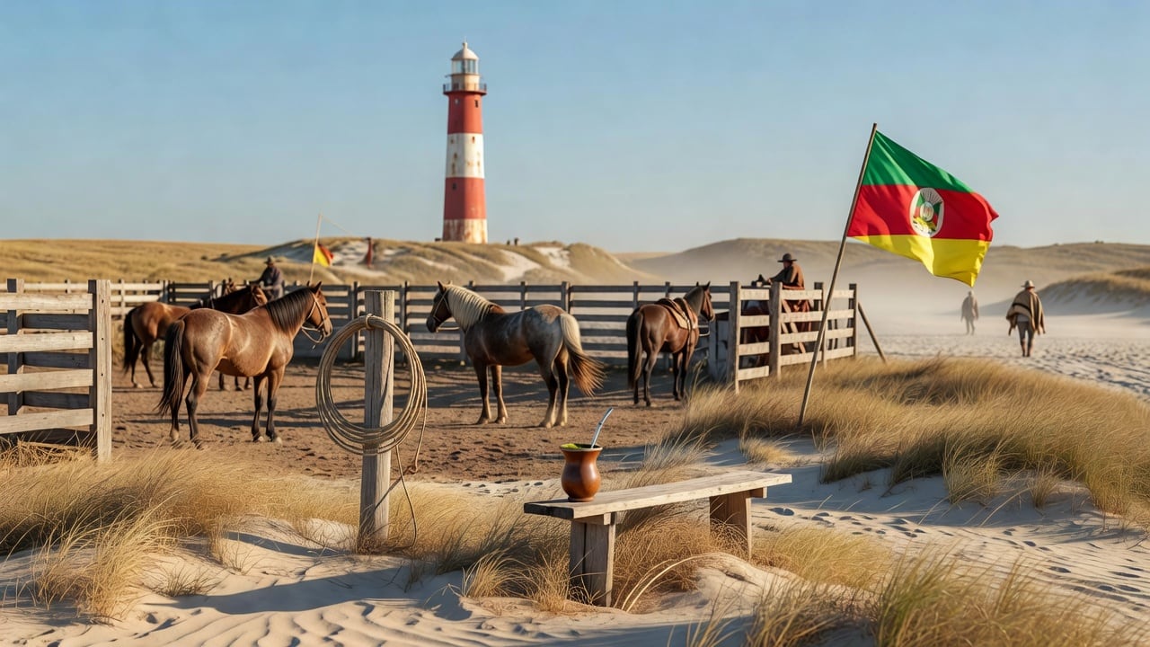 Ilustração do Bairrista sobre: A rustic southern Brazilian rodeo arena on a windswept coastal plain, with dry grass, sandy dunes, and a red-and-white striped lighthouse on