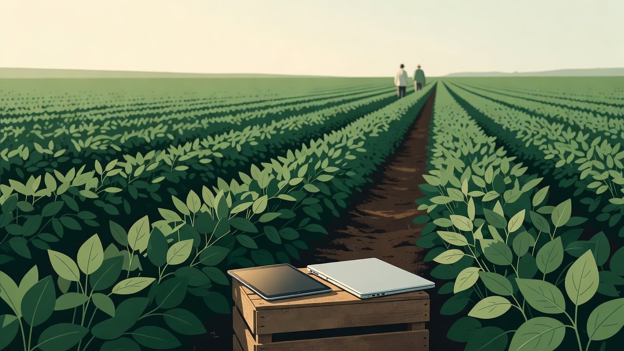 Ilustração do Bairrista sobre: Wide view of a green soybean field in southern Brazil at golden hour, with a tablet and laptop resting on a wooden crate at the edge of the