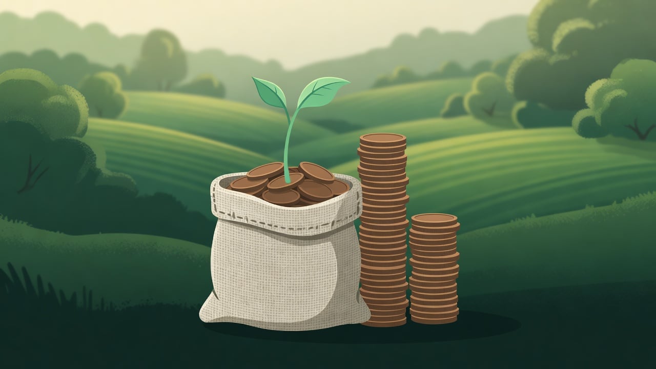 Ilustração do Bairrista sobre: Symbolic, non-literal editorial illustration (no reenactment of the event, no people): A burlap sack of coins with a young green seedling sp