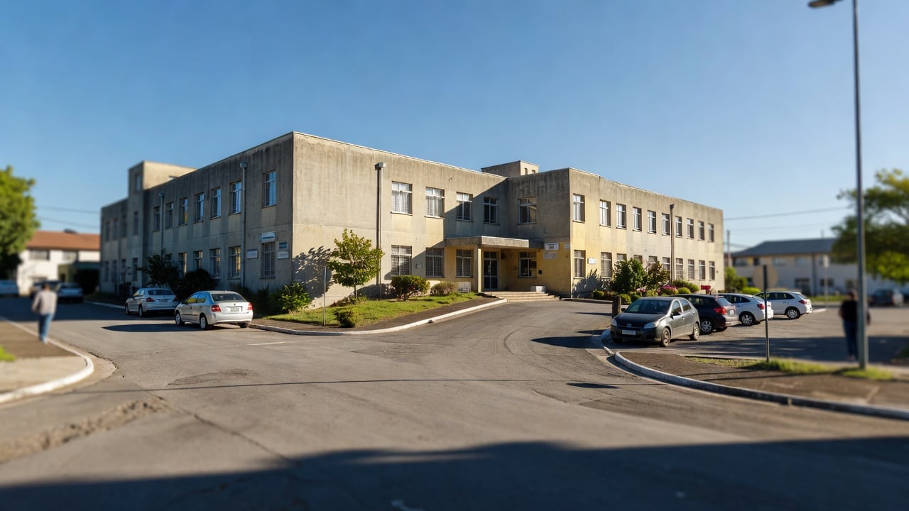 Ilustração do Bairrista sobre: Exterior view of a mid-sized public hospital building in a southern Brazilian city during daytime, with a clear blue sky, a paved entrance d