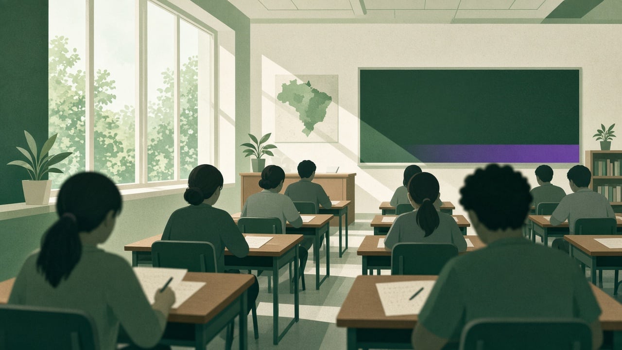 Ilustração do Bairrista sobre: Wide shot of a bright classroom in a southern Brazilian public school during an exam morning, rows of wooden desks with pencils and answer s