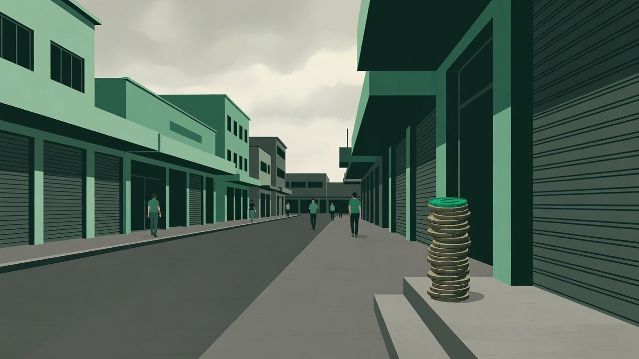 Ilustração do Bairrista sobre: Symbolic, non-literal editorial illustration (no reenactment of the event, no people): A quiet commercial street in a southern Brazilian cit