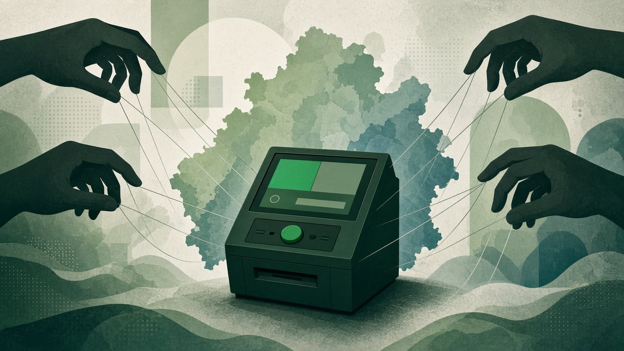 Ilustração do Bairrista sobre: Symbolic, non-literal editorial illustration (no reenactment of the event, no people): A stylized electronic voting terminal surrounded by s