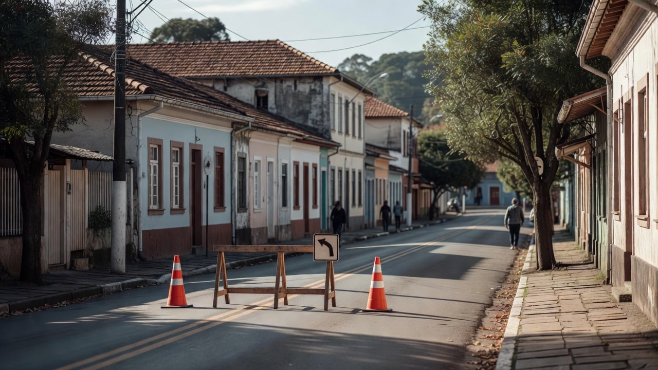 Ilustração do Bairrista sobre: Wide view of a quiet downtown street in a southern Brazilian hill town with a temporary traffic barrier and orange cones blocking one lane,