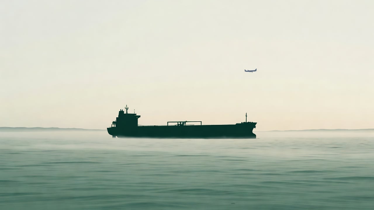 Ilustração do Bairrista sobre: Symbolic, non-literal editorial illustration (no reenactment of the event, no people): A large cargo tanker sails across a calm, dim sea at