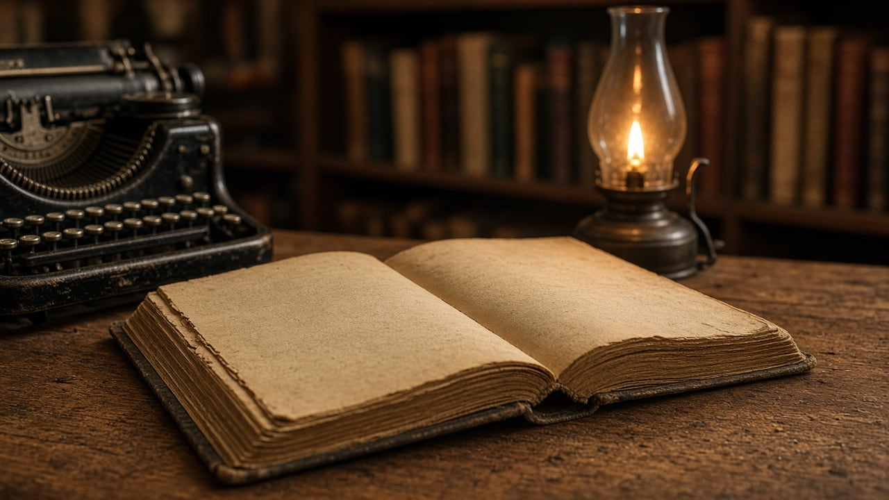 Ilustração do Bairrista sobre: Close view of an open vintage hardcover book on a wooden desk beside an old typewriter, warm lamplight, dusty books on shelves behind, soft