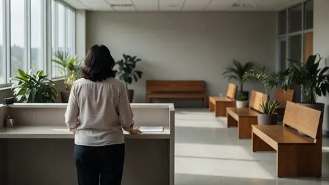 Sala de espera de uma unidade básica de saúde, limpa e iluminada, com uma mulher de cabelo na altura do ombro sentada.