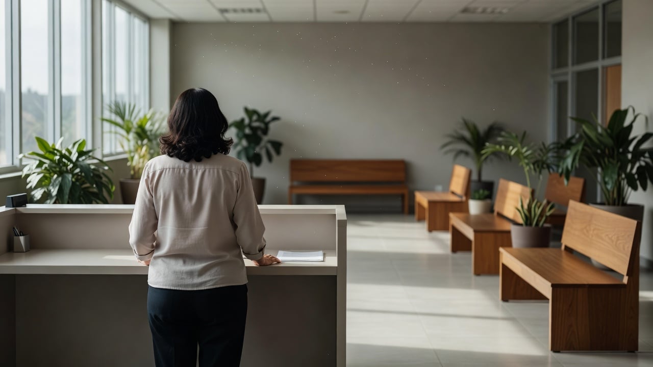 Ilustração do Bairrista sobre: Interior of a bright, clean public health clinic waiting area in southern Brazil, a middle-aged woman with shoulder-length hair seen from be