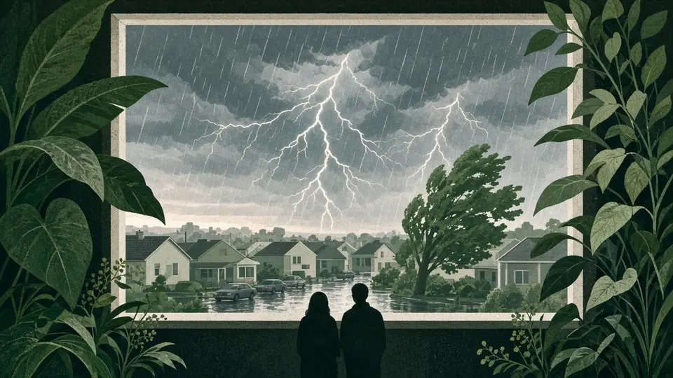 Ilustração: Janela com plantas em primeiro plano mostra céu cinza-azulado com raios, chuva sobre ruas de bairro e árvore