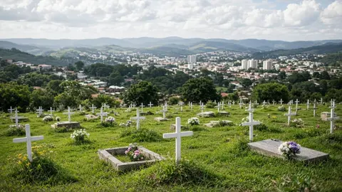 Ilustração: cemitério em encosta sob céu parcialmente nublado, com grama recém-cortada, cruzes brancas de madeira e pequenas