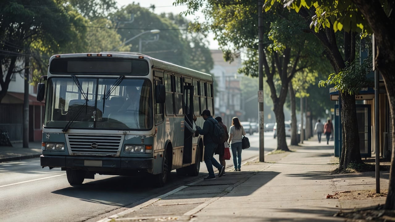 Ilustração do Bairrista sobre: Side view of a municipal city bus stopped at a curbside bus stop in a Brazilian town on a sunny morning, a few people boarding through the f