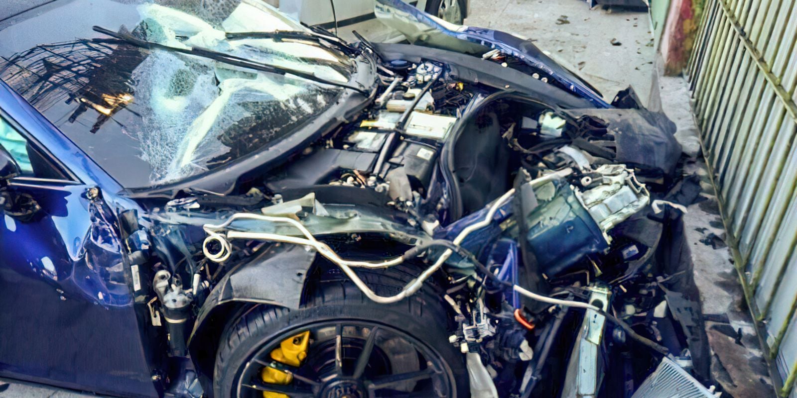 Porsche azul danificado após o acidente em São Paulo que matou o motorista de aplicativo Ornaldo da Silva Viana.