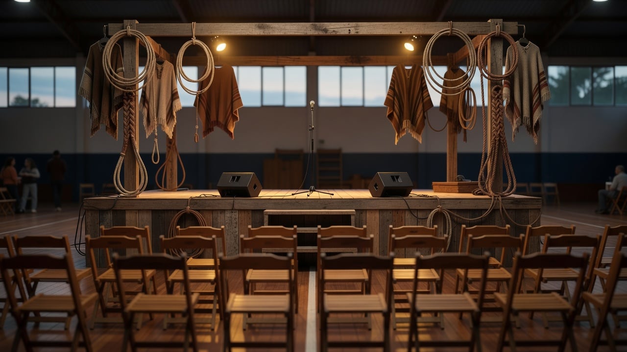 Ilustração do Bairrista sobre: wide view of an indoor sports gymnasium stage set up for a Brazilian gaucho music festival, warm stage lights, empty chairs in rows facing a