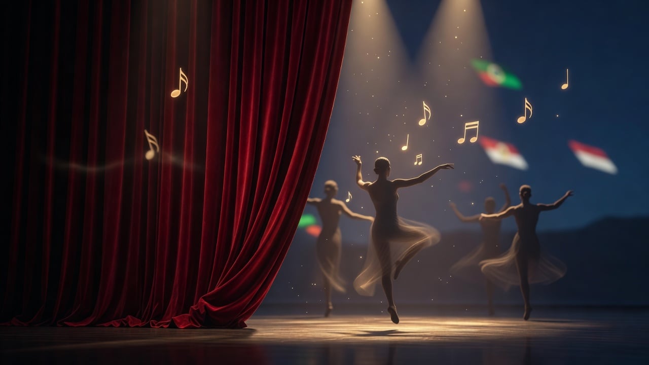 Imagem: Bairrista/IA. Ilustração sobre: An elegant theater stage at dusk, with a rich velvet curtain half-open, soft golden spotlights, and floating musical notes and silhouettes o