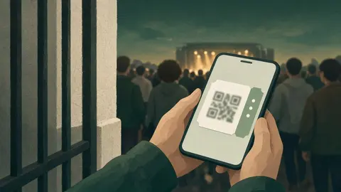 Ilustração: Mãos segurando celular na entrada de show ao ar livre no entardecer, com a tela exibindo um ingresso digital.