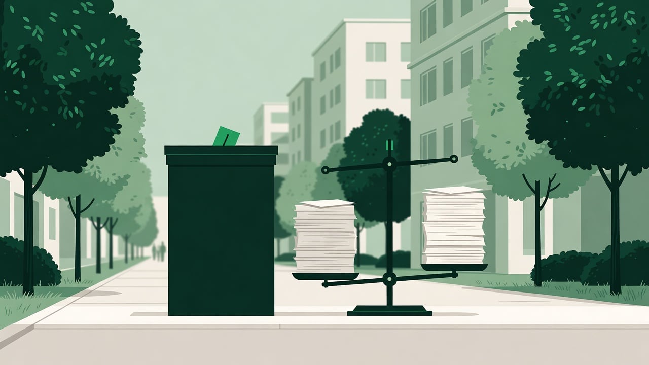 Ilustração do Bairrista sobre: Symbolic, non-literal editorial illustration (no reenactment of the event, no people): A tall, plain ballot box stands on a tree-lined city