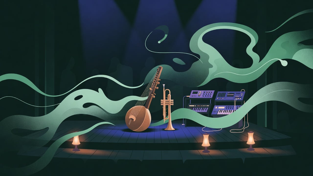 Ilustração do Bairrista sobre: Symbolic, non-literal editorial illustration (no reenactment of the event, no people): An intimate, small theater stage bathed in deep blue