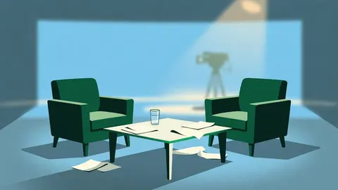 Ilustração: duas poltronas vazias de frente uma para a outra, separadas por uma mesa baixa, em ambiente de estúdio.