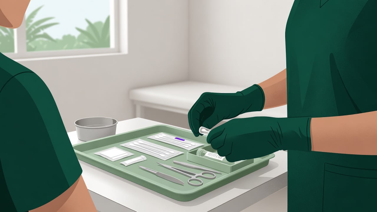 Ilustração do Bairrista sobre: Close-up of a gloved health professional preparing a sterile collection kit in a bright, clean primary care clinic room in southern Brazil,