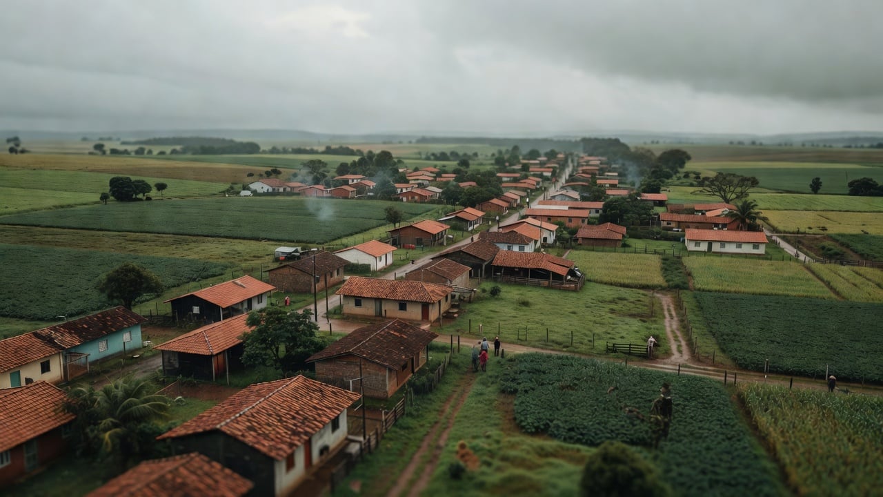 Ilustração do Bairrista sobre: wide aerial view of a small rural town in southern Brazil under low overcast clouds, red-tiled roofs and green farmland fields stretching to