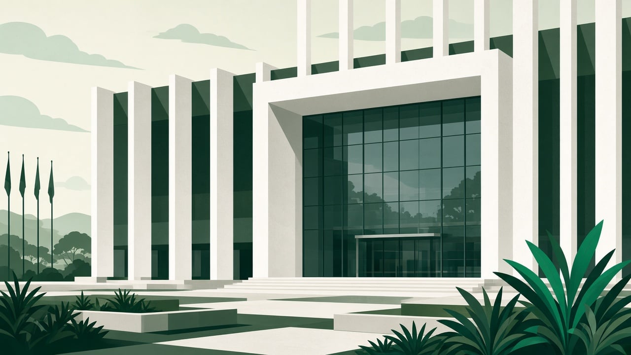Ilustração do Bairrista sobre: Wide daytime view of a modern government building facade in Brasília with clean white concrete columns and a large glass entrance, soft midd