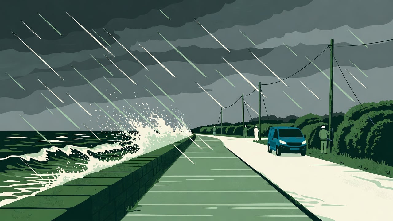 Ilustração do Bairrista sobre: Symbolic, non-literal editorial illustration (no reenactment of the event, no people): A stormy seaside promenade under a heavy grey sky, wi