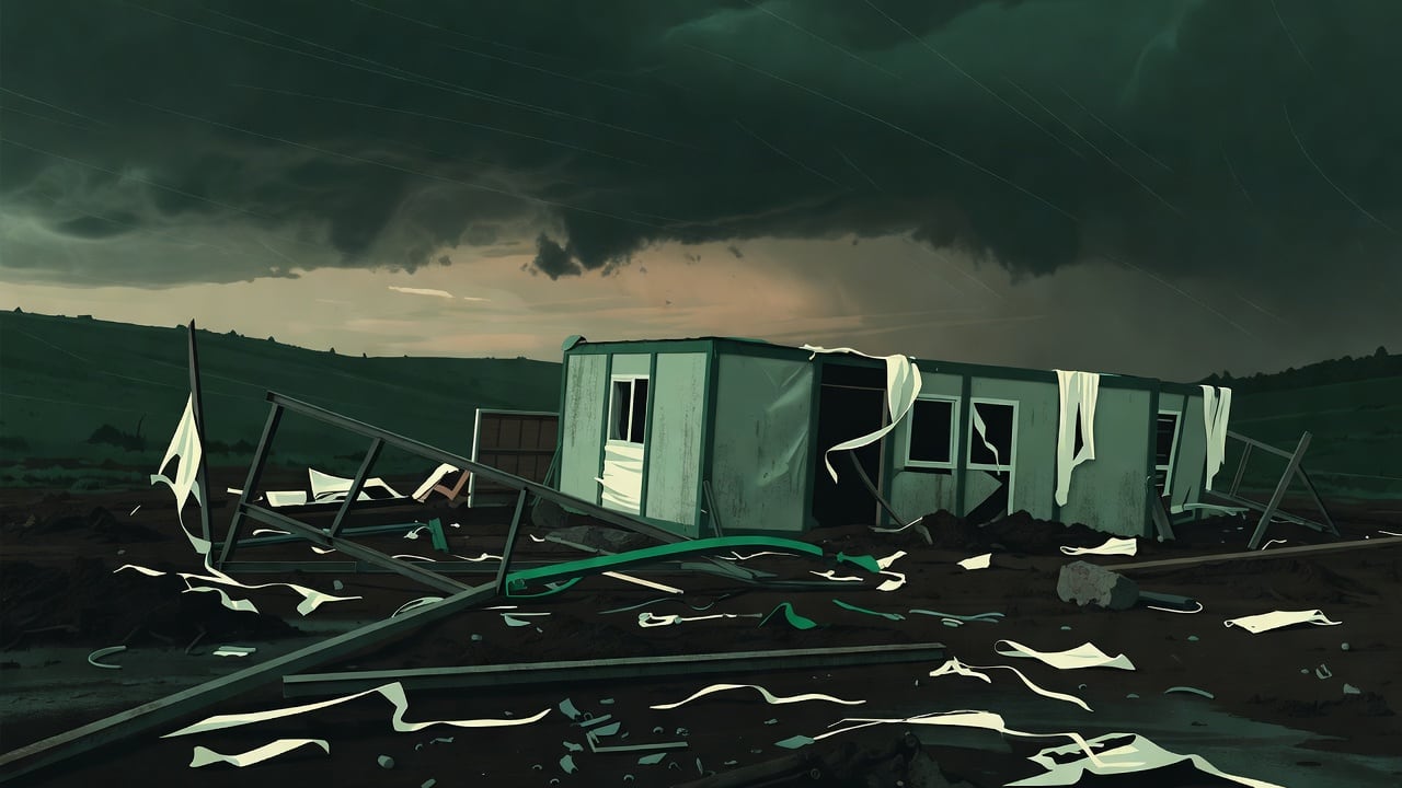 Ilustração do Bairrista sobre: Symbolic, non-literal editorial illustration (no reenactment of the event, no people): A dark, wind-swept construction site at dusk under a