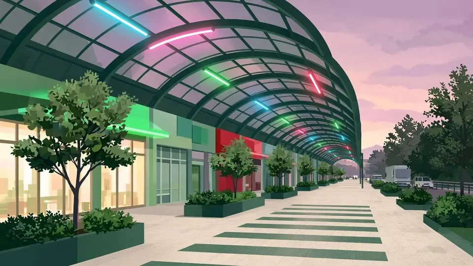 Ilustração: rua de pedestres coberta por arco de aço iluminado por tubos de neon coloridos, com lojas, canteiros e céu rosado