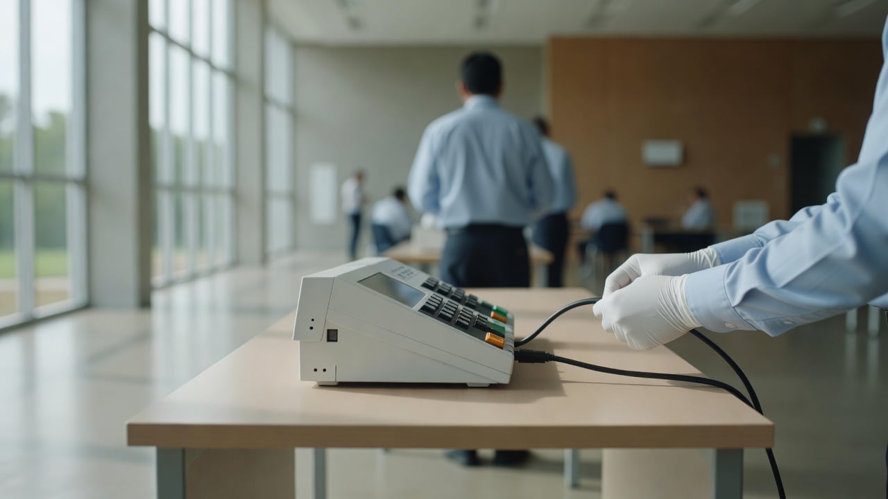 Ilustração do Bairrista sobre: Close-up of an electronic voting machine on a plain table inside a bright, modern government hall, with a technician's gloved hands placing
