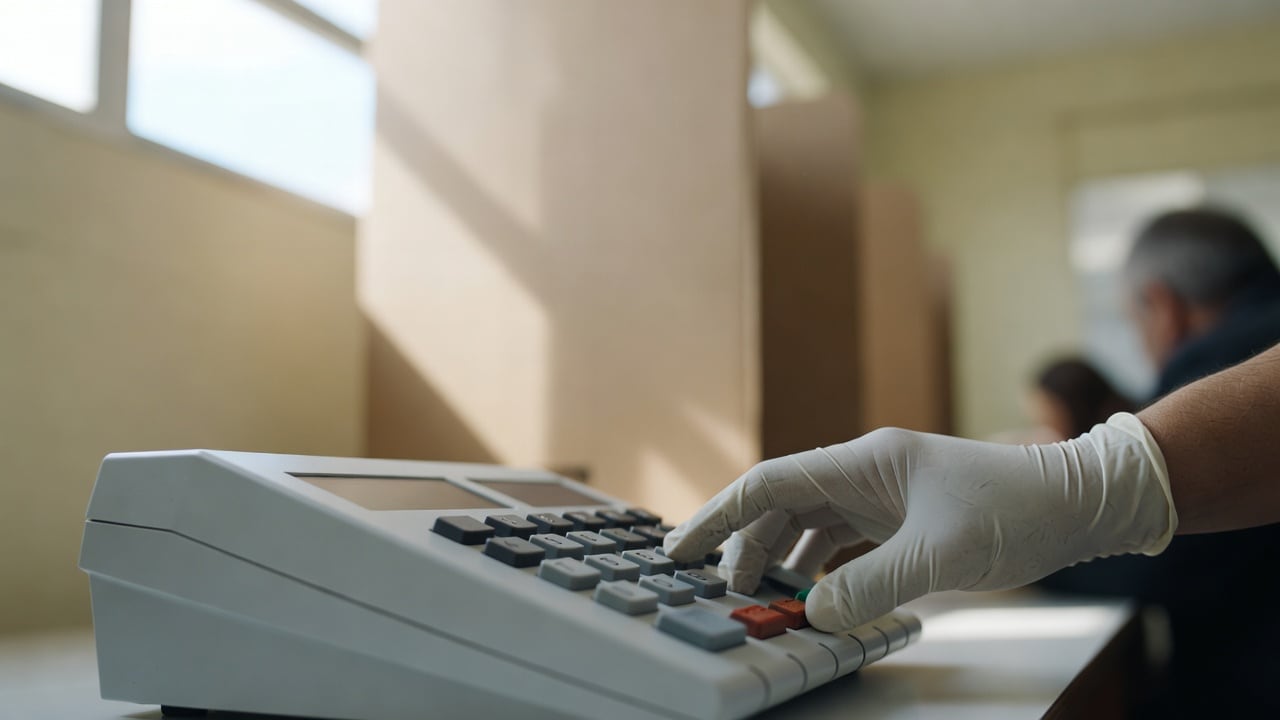 Ilustração do Bairrista sobre: Close-up of an electronic voting terminal inside a Brazilian polling station on a sunny Sunday, a gloved hand resting on the keypad, cardboa