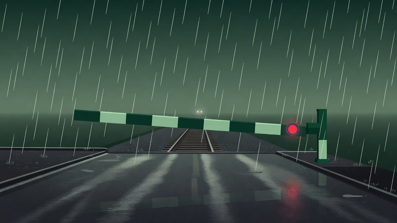 Ilustração do Bairrista sobre: Symbolic, non-literal editorial illustration (no reenactment of the event, no people): A deserted railway level crossing at dusk, its stripe