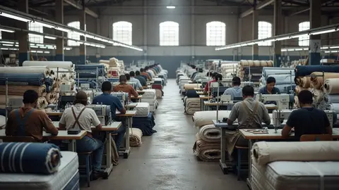 Vista ampla de um grande galpão industrial de costura em fábrica de colchões, com fileiras de máquinas e tecidos empilhados.