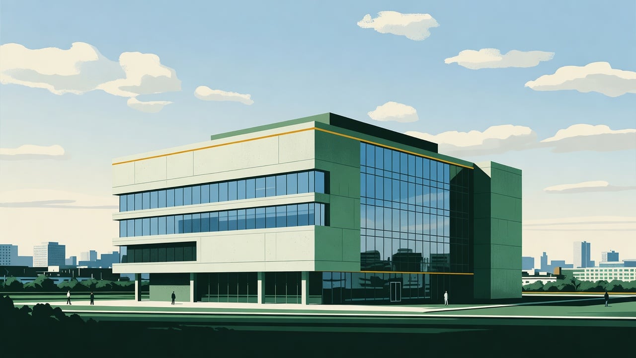 Ilustração do Bairrista sobre: Symbolic, non-literal editorial illustration (no reenactment of the event, no people): A modern government office building with a mix of pal