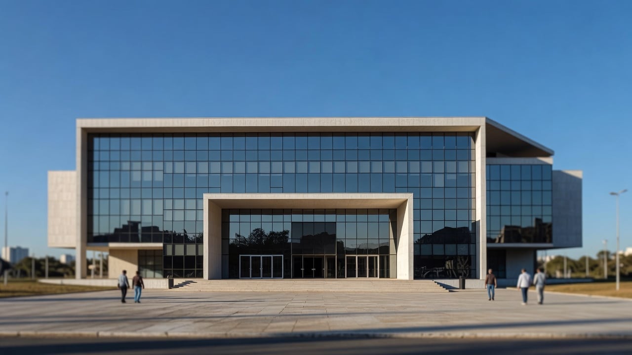 Ilustração do Bairrista sobre: Exterior of a large modern government court building in Porto Alegre, southern Brazil, under a clear blue sky in daylight, with the main ent