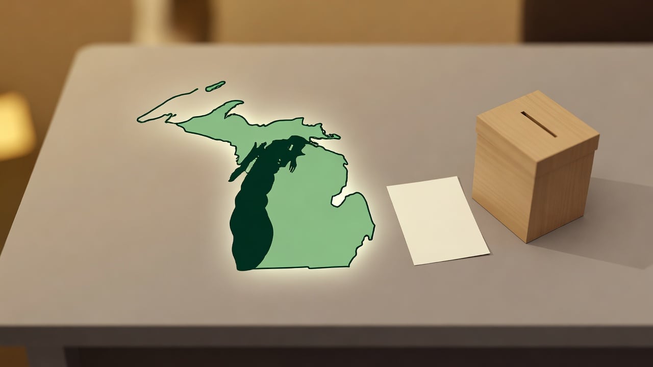 Ilustração do Bairrista sobre: Symbolic, non-literal editorial illustration (no reenactment of the event, no people): A simple flat map silhouette of a Great Lakes peninsu