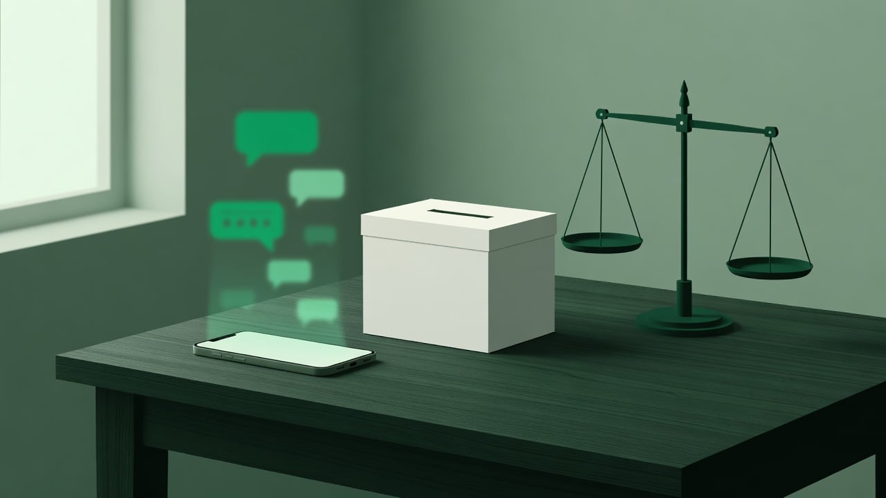 Ilustração do Bairrista sobre: Symbolic, non-literal editorial illustration (no reenactment of the event, no people): A smartphone resting on a wooden table beside a blank