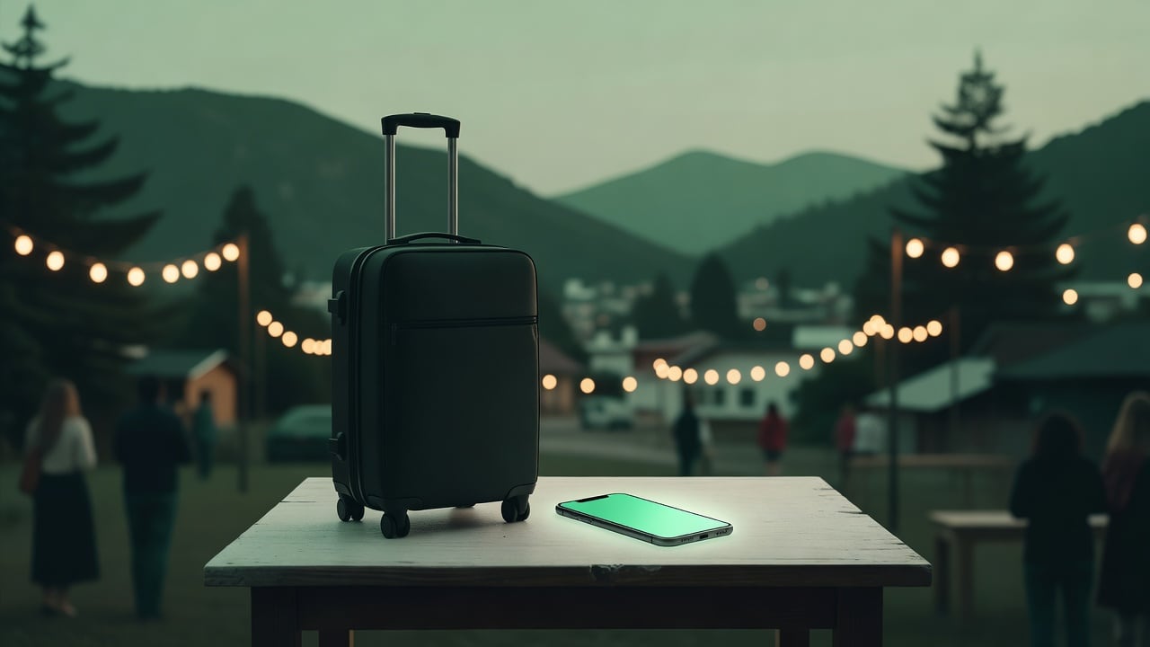 Ilustração do Bairrista sobre: Symbolic, non-literal editorial illustration (no reenactment of the event, no people): A black rolling suitcase stands beside a glowing smar