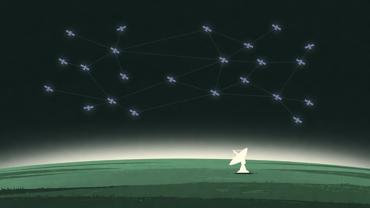 Ilustração do Bairrista sobre: Symbolic, non-literal editorial illustration (no reenactment of the event, no people): Symbolic view of a low-Earth-orbit satellite constell