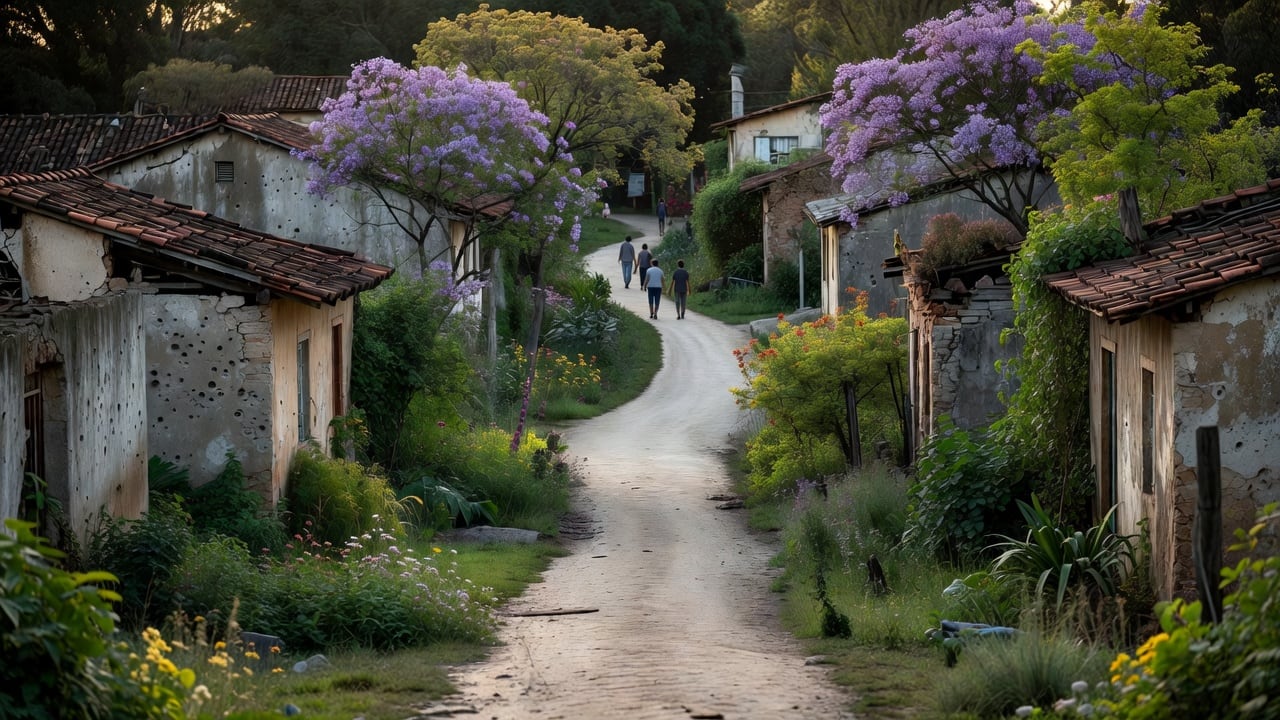 Ilustração do Bairrista sobre: A quiet, war-weathered small town at dusk: broken rooftops and crumbling walls softened by blossoming spring trees and overgrown green garde