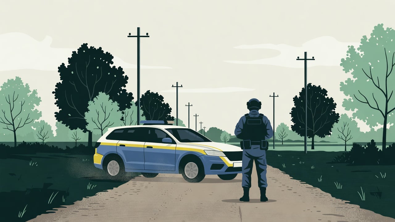Ilustração do Bairrista sobre: Symbolic, non-literal editorial illustration (no reenactment of the event, no people): A white and blue police SUV with yellow accents parke