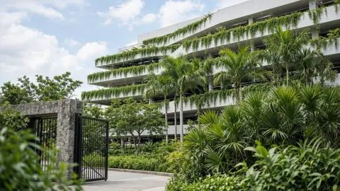 Prédio-garagem alto de concreto branco com plantas verdes pendentes em seus andares em terraço, e palmeiras na base.
