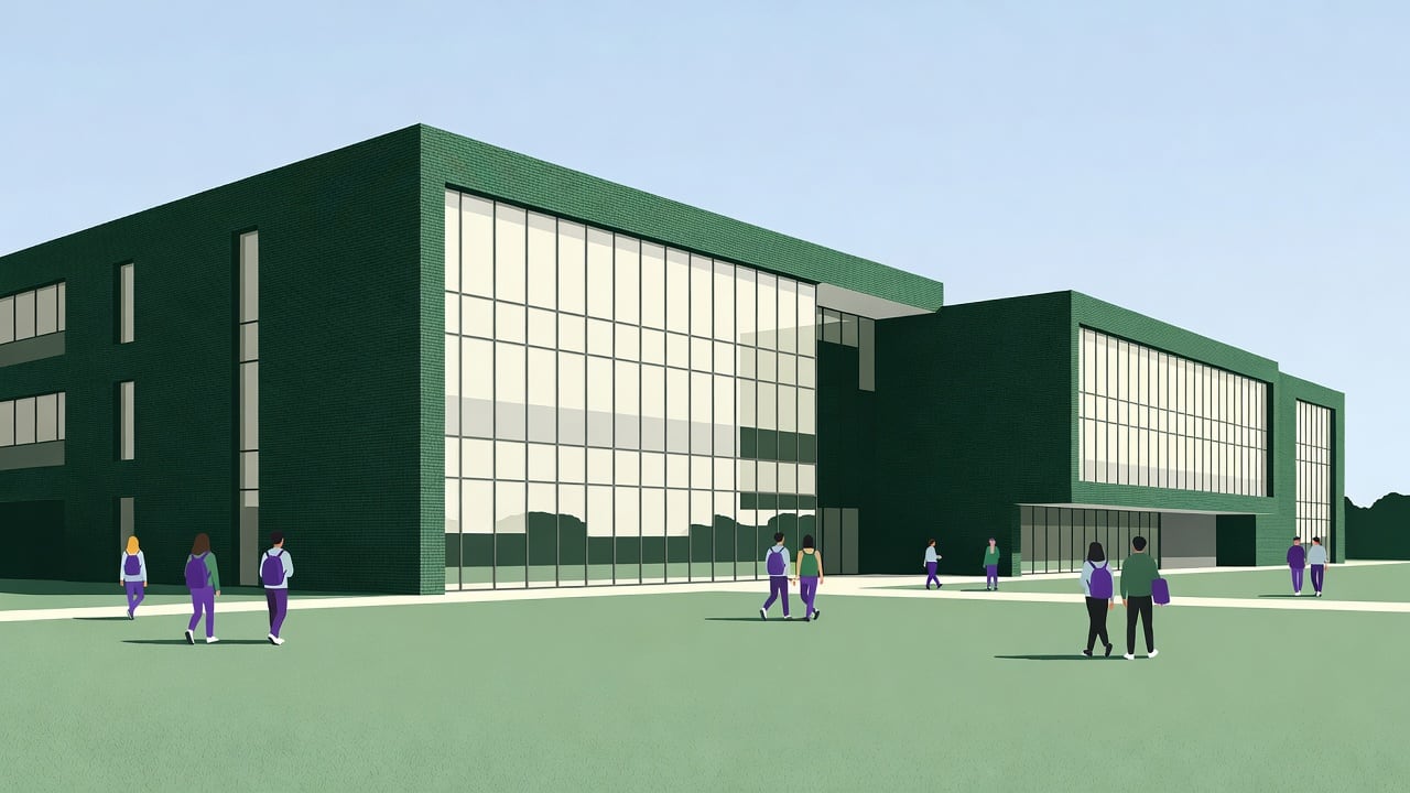 Ilustração do Bairrista sobre: Exterior of a modern brick and glass university building on a sunny day in southern Brazil, with a wide green lawn and students walking in t